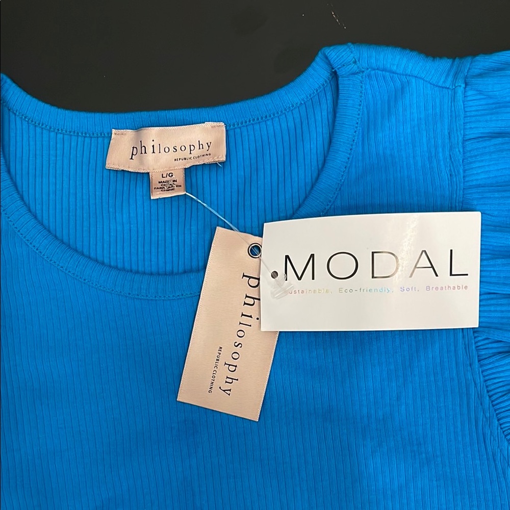 Philosophy Blue Ribbed Ruffle Tee - Picture 2 of 11